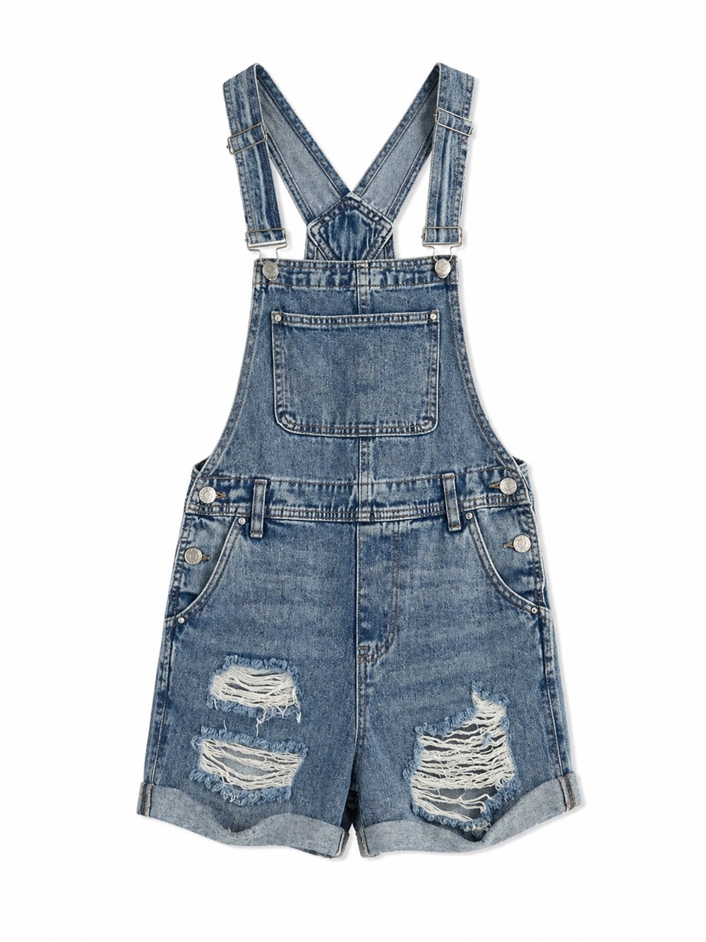 Denim Distressed Short Overalls - Blue